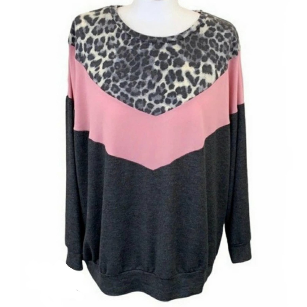Tunic Light Sweater Top Pink Leopard Colorblock Sz 1X